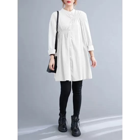 Asymmetric Buttoned Elasticity Pleated Long Sleeves Loose Mini Dresses Asymmetric Buttoned Elasticity Pleated Long Sleeves Loose Mini Dresses