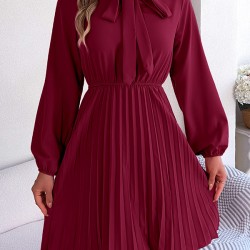 Pleated Solid Color Tied Long Sleeves Loose Mock Neck Mini Dresses