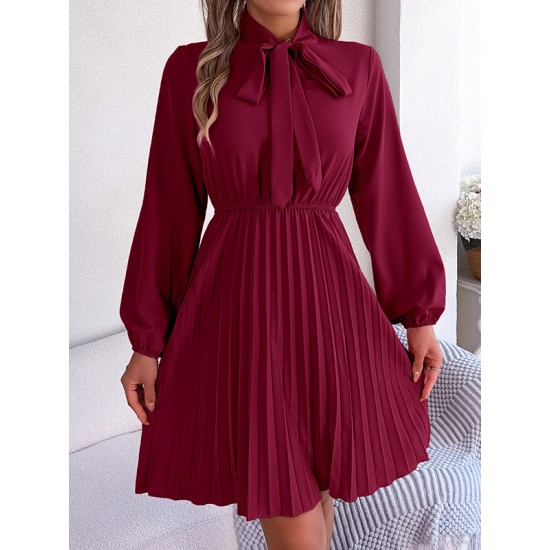 Pleated Solid Color Tied Long Sleeves Loose Mock Neck Mini Dresses Pleated Solid Color Tied Long Sleeves Loose Mock Neck Mini Dresses