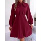 Pleated Solid Color Tied Long Sleeves Loose Mock Neck Mini Dresses Pleated Solid Color Tied Long Sleeves Loose Mock Neck Mini Dresses