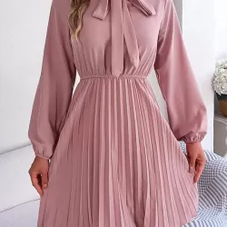 Pleated Solid Color Tied Long Sleeves Loose Mock Neck Mini Dresses