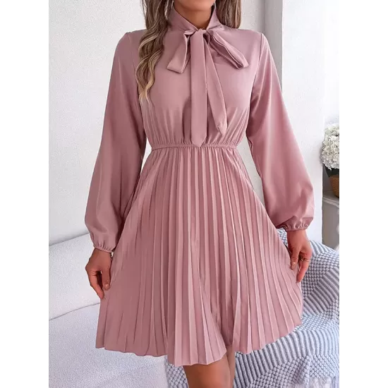 Pleated Solid Color Tied Long Sleeves Loose Mock Neck Mini Dresses Pleated Solid Color Tied Long Sleeves Loose Mock Neck Mini Dresses