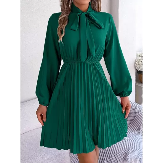 Pleated Solid Color Tied Long Sleeves Loose Mock Neck Mini Dresses Pleated Solid Color Tied Long Sleeves Loose Mock Neck Mini Dresses