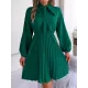 Pleated Solid Color Tied Long Sleeves Loose Mock Neck Mini Dresses Pleated Solid Color Tied Long Sleeves Loose Mock Neck Mini Dresses