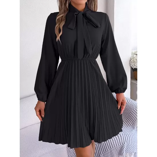 Pleated Solid Color Tied Long Sleeves Loose Mock Neck Mini Dresses Pleated Solid Color Tied Long Sleeves Loose Mock Neck Mini Dresses