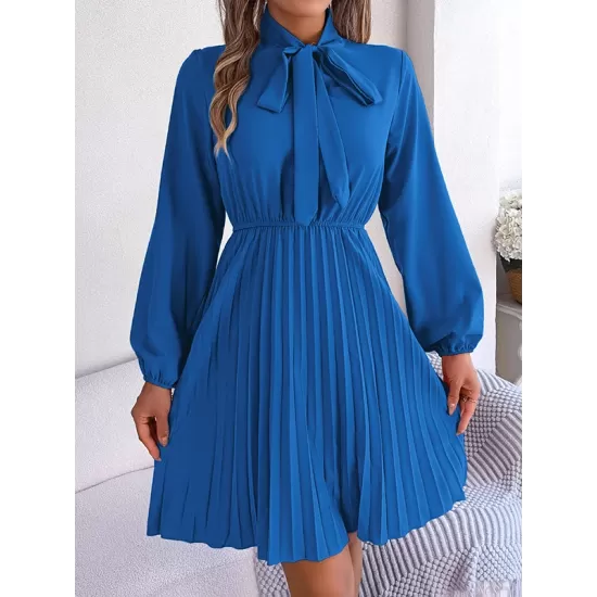 Pleated Solid Color Tied Long Sleeves Loose Mock Neck Mini Dresses Pleated Solid Color Tied Long Sleeves Loose Mock Neck Mini Dresses