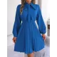 Pleated Solid Color Tied Long Sleeves Loose Mock Neck Mini Dresses Pleated Solid Color Tied Long Sleeves Loose Mock Neck Mini Dresses