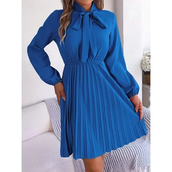 Pleated Solid Color Tied Long Sleeves Loose Mock Neck Mini Dresses Pleated Solid Color Tied Long Sleeves Loose Mock Neck Mini Dresses
