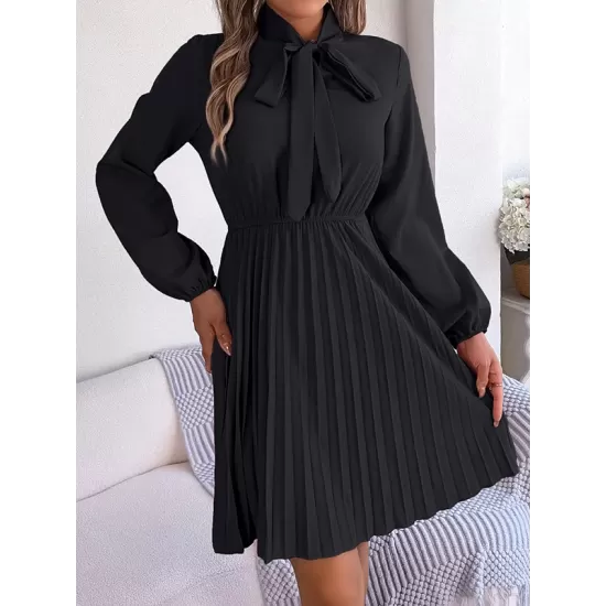 Pleated Solid Color Tied Long Sleeves Loose Mock Neck Mini Dresses Pleated Solid Color Tied Long Sleeves Loose Mock Neck Mini Dresses