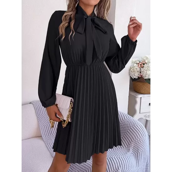 Pleated Solid Color Tied Long Sleeves Loose Mock Neck Mini Dresses Pleated Solid Color Tied Long Sleeves Loose Mock Neck Mini Dresses