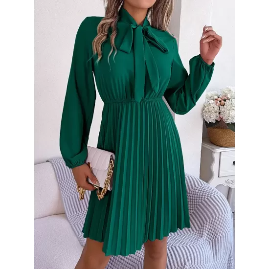 Pleated Solid Color Tied Long Sleeves Loose Mock Neck Mini Dresses Pleated Solid Color Tied Long Sleeves Loose Mock Neck Mini Dresses