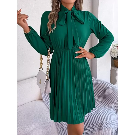 Pleated Solid Color Tied Long Sleeves Loose Mock Neck Mini Dresses Pleated Solid Color Tied Long Sleeves Loose Mock Neck Mini Dresses