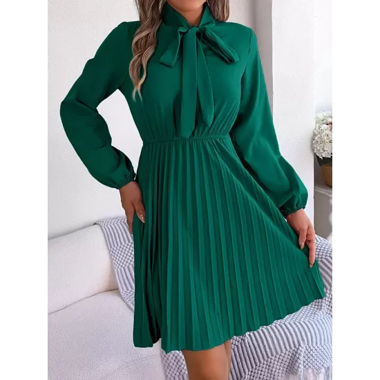 Pleated Solid Color Tied Long Sleeves Loose Mock Neck Mini Dresses Pleated Solid Color Tied Long Sleeves Loose Mock Neck Mini Dresses