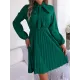 Pleated Solid Color Tied Long Sleeves Loose Mock Neck Mini Dresses Pleated Solid Color Tied Long Sleeves Loose Mock Neck Mini Dresses
