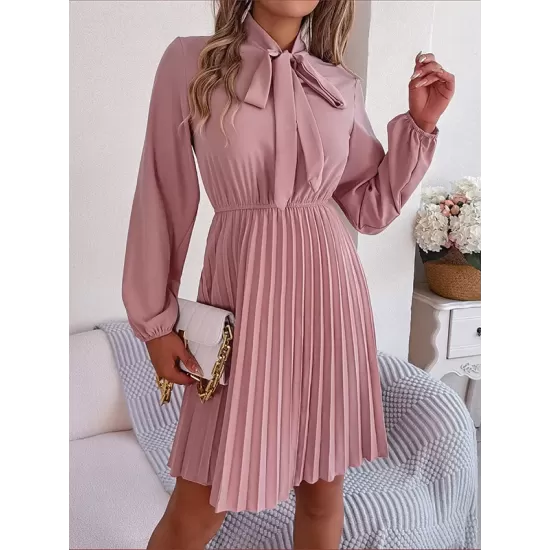Pleated Solid Color Tied Long Sleeves Loose Mock Neck Mini Dresses Pleated Solid Color Tied Long Sleeves Loose Mock Neck Mini Dresses