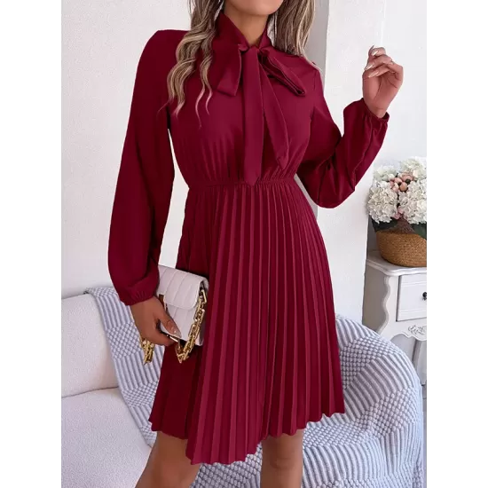 Pleated Solid Color Tied Long Sleeves Loose Mock Neck Mini Dresses Pleated Solid Color Tied Long Sleeves Loose Mock Neck Mini Dresses