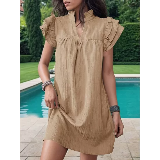 Ruffled Solid Color A-Line Loose Stand Collar Mini Dresses Ruffled Solid Color A-Line Loose Stand Collar Mini Dresses