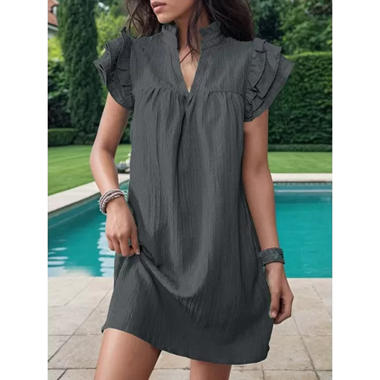 Ruffled Solid Color A-Line Loose Stand Collar Mini Dresses Ruffled Solid Color A-Line Loose Stand Collar Mini Dresses