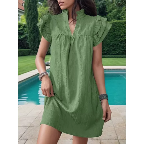 Ruffled Solid Color A-Line Loose Stand Collar Mini Dresses Ruffled Solid Color A-Line Loose Stand Collar Mini Dresses