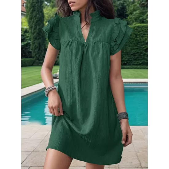 Ruffled Solid Color A-Line Loose Stand Collar Mini Dresses Ruffled Solid Color A-Line Loose Stand Collar Mini Dresses