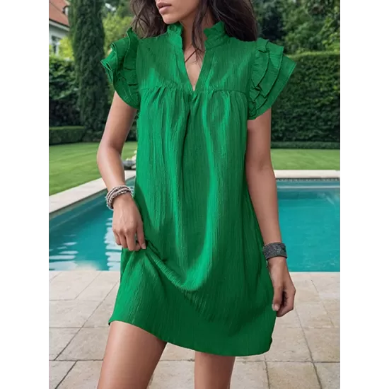 Ruffled Solid Color A-Line Loose Stand Collar Mini Dresses Ruffled Solid Color A-Line Loose Stand Collar Mini Dresses