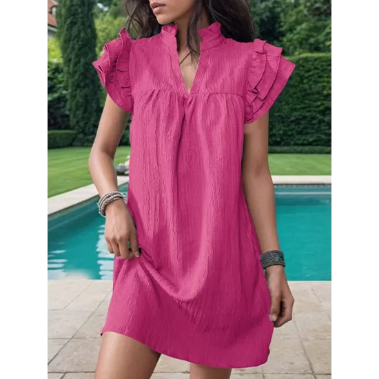Ruffled Solid Color A-Line Loose Stand Collar Mini Dresses Ruffled Solid Color A-Line Loose Stand Collar Mini Dresses