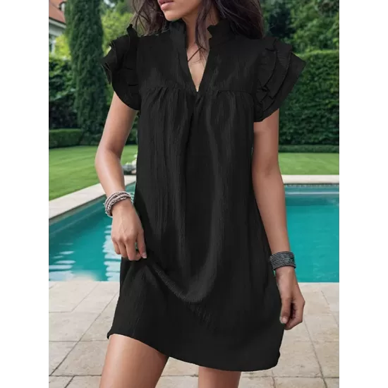 Ruffled Solid Color A-Line Loose Stand Collar Mini Dresses Ruffled Solid Color A-Line Loose Stand Collar Mini Dresses