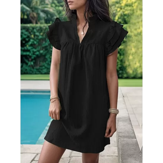 Ruffled Solid Color A-Line Loose Stand Collar Mini Dresses Ruffled Solid Color A-Line Loose Stand Collar Mini Dresses