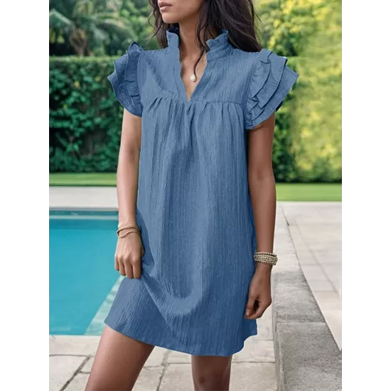 Ruffled Solid Color A-Line Loose Stand Collar Mini Dresses Ruffled Solid Color A-Line Loose Stand Collar Mini Dresses