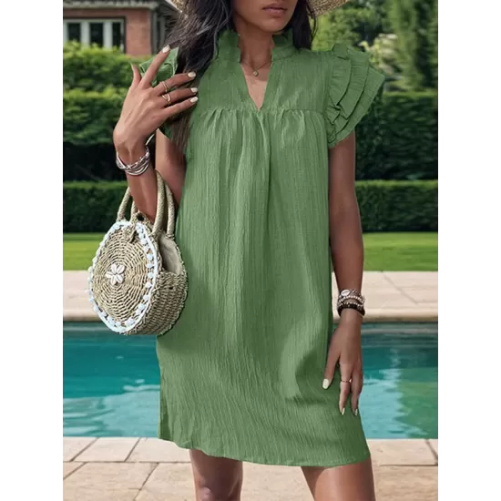 Ruffled Solid Color A-Line Loose Stand Collar Mini Dresses Ruffled Solid Color A-Line Loose Stand Collar Mini Dresses