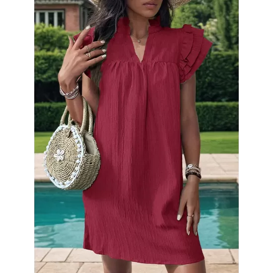 Ruffled Solid Color A-Line Loose Stand Collar Mini Dresses Ruffled Solid Color A-Line Loose Stand Collar Mini Dresses