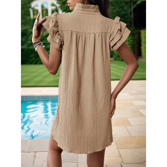 Ruffled Solid Color A-Line Loose Stand Collar Mini Dresses Ruffled Solid Color A-Line Loose Stand Collar Mini Dresses
