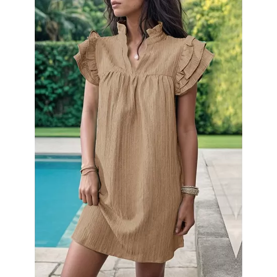 Ruffled Solid Color A-Line Loose Stand Collar Mini Dresses Ruffled Solid Color A-Line Loose Stand Collar Mini Dresses