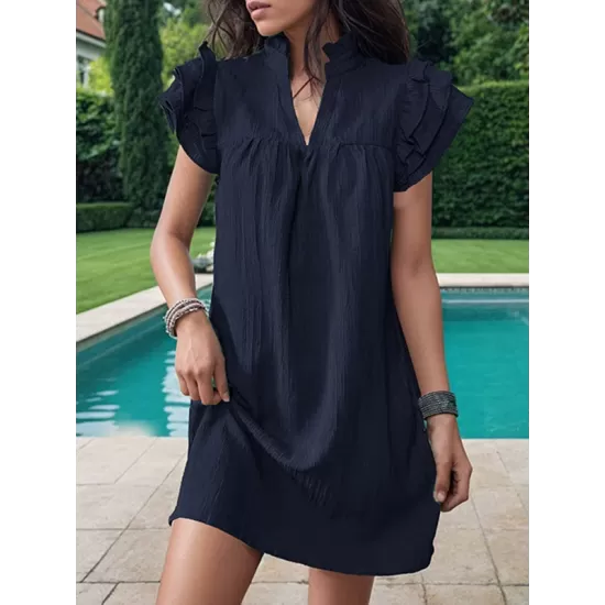 Ruffled Solid Color A-Line Loose Stand Collar Mini Dresses Ruffled Solid Color A-Line Loose Stand Collar Mini Dresses