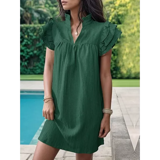 Ruffled Solid Color A-Line Loose Stand Collar Mini Dresses Ruffled Solid Color A-Line Loose Stand Collar Mini Dresses