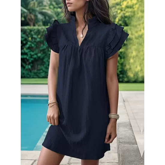 Ruffled Solid Color A-Line Loose Stand Collar Mini Dresses Ruffled Solid Color A-Line Loose Stand Collar Mini Dresses