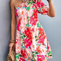 Flower Print Split-Joint A-Line Bishop Sleeve One-Shoulder Mini Dresses
