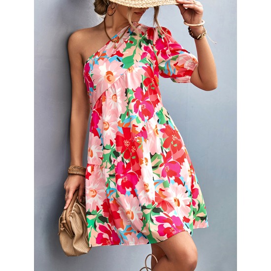 Flower Print Split-Joint A-Line Bishop Sleeve One-Shoulder Mini Dresses Flower Print Split-Joint A-Line Bishop Sleeve One-Shoulder Mini Dresses