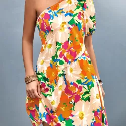 Flower Print Split-Joint A-Line Bishop Sleeve One-Shoulder Mini Dresses