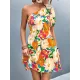 Flower Print Split-Joint A-Line Bishop Sleeve One-Shoulder Mini Dresses Flower Print Split-Joint A-Line Bishop Sleeve One-Shoulder Mini Dresses
