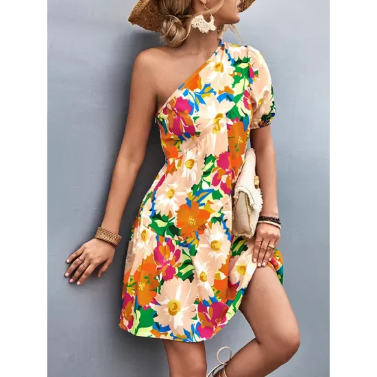 Flower Print Split-Joint A-Line Bishop Sleeve One-Shoulder Mini Dresses Flower Print Split-Joint A-Line Bishop Sleeve One-Shoulder Mini Dresses