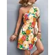 Flower Print Split-Joint A-Line Bishop Sleeve One-Shoulder Mini Dresses Flower Print Split-Joint A-Line Bishop Sleeve One-Shoulder Mini Dresses