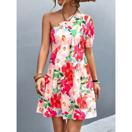 Flower Print Split-Joint A-Line Bishop Sleeve One-Shoulder Mini Dresses Flower Print Split-Joint A-Line Bishop Sleeve One-Shoulder Mini Dresses