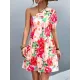 Flower Print Split-Joint A-Line Bishop Sleeve One-Shoulder Mini Dresses Flower Print Split-Joint A-Line Bishop Sleeve One-Shoulder Mini Dresses