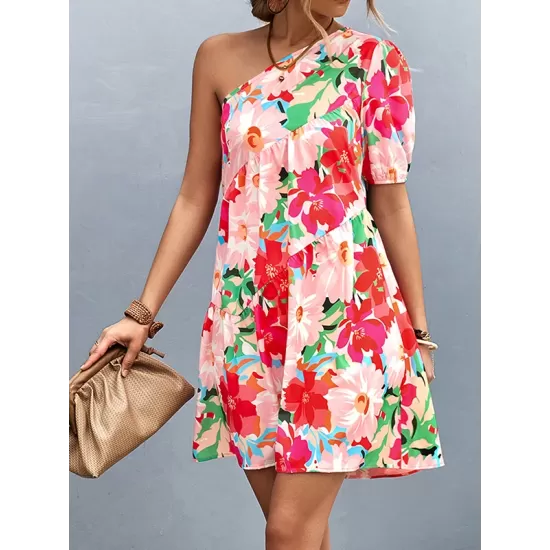 Flower Print Split-Joint A-Line Bishop Sleeve One-Shoulder Mini Dresses Flower Print Split-Joint A-Line Bishop Sleeve One-Shoulder Mini Dresses