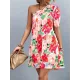 Flower Print Split-Joint A-Line Bishop Sleeve One-Shoulder Mini Dresses Flower Print Split-Joint A-Line Bishop Sleeve One-Shoulder Mini Dresses