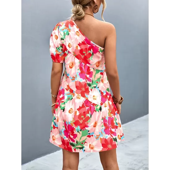 Flower Print Split-Joint A-Line Bishop Sleeve One-Shoulder Mini Dresses Flower Print Split-Joint A-Line Bishop Sleeve One-Shoulder Mini Dresses