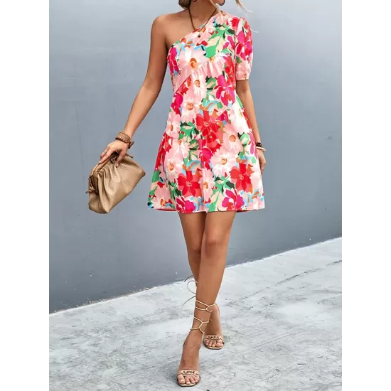 Flower Print Split-Joint A-Line Bishop Sleeve One-Shoulder Mini Dresses Flower Print Split-Joint A-Line Bishop Sleeve One-Shoulder Mini Dresses