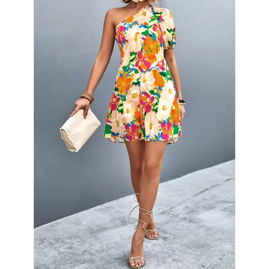 Flower Print Split-Joint A-Line Bishop Sleeve One-Shoulder Mini Dresses Flower Print Split-Joint A-Line Bishop Sleeve One-Shoulder Mini Dresses