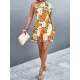Flower Print Split-Joint A-Line Bishop Sleeve One-Shoulder Mini Dresses Flower Print Split-Joint A-Line Bishop Sleeve One-Shoulder Mini Dresses